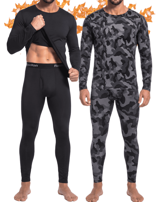 2 Pack Thermal Underwear Long Johns for Men Fleece Lined Base Layer Tops and Bottoms Set Cold Weather Clothing Gear Winter Gift